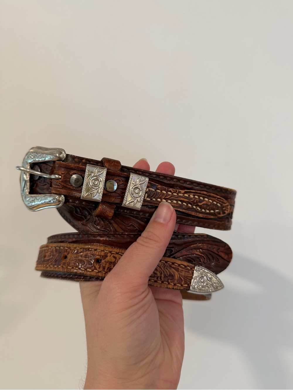 Vintage Genuine Brown Leather Western Belt with Silver Accents